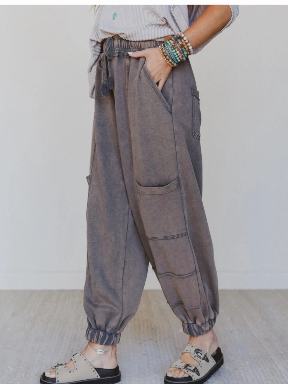 Three Bird Nest Washed Brown Jogger Cargo Pants - Picture 3 of 10